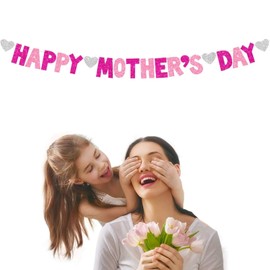 Happy Mother's Day Banner Rose Red Pink Glitter Mothers Day Garland Banner with Heart Signs Thanks Mom Best Mom Ever Family Photo Props Backdrops Mother's Day Party Decorations