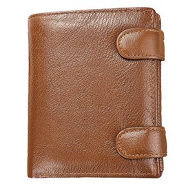 Men’s RFID Blocking Trifold Wallet – Genuine Leather with Anti-Theft Chain – 15 Card Slots, Slim Design with Coin Pocket - Brown