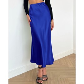 BTFBM 2025 - Falda larga de satén para mujer, de seda, elegante, cintura alta, cóctel, fiesta, boda, línea A, falda midi, Azul Real, Large