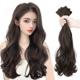 ORSUNCER Collar Wig, Long Wavy, Extensions, Curly Hair Extensions, Easy Installation, Set of 3 Clips, Includes Clips, 17.7 inches (45 cm) / 21.7 inches (55 cm), Black Brown, Heat Resistant, Natural,