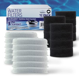 PET STANDARD Replacement Water Filter & 12 Pack Replacement Pre-Filter Sponges Compatible With PETLIBRO® Stainless Steel Pet Water Fountain Model #PLWF003, 67oz/2L, Cat Water Fountain Pack of 12