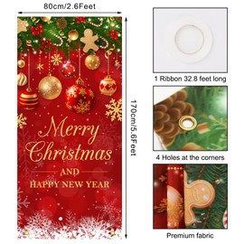 JarThenaAMCS Merry Christmas Door Cover Xmas Ball Hanging Banner Red Gold Photo Background for Indoor Outdoor New Year Home Party Supplies, 31.5 x 67 Inch