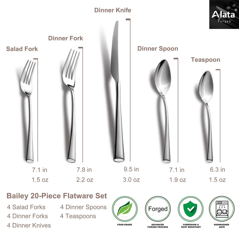 Alata Bailey 20-Piece Forged Silverware Set Stainless Steel Flatware Set,Service