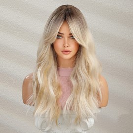 BERON Blonde Wigs Long Wavy Women Wigs with Bangs Blonde Ombre Curly Heat Resistant Synthetic Wigs for Daily Wigs Wig Cap Included
