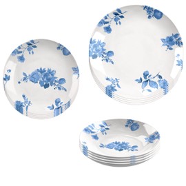 Abode Homewares Cottage Blue Floral 12 Piece Dinnerware Set for Indoor/Outdoor, Pure Melamine, 4 Dinner Plates, 4 Salad Plates, 4 Bowls