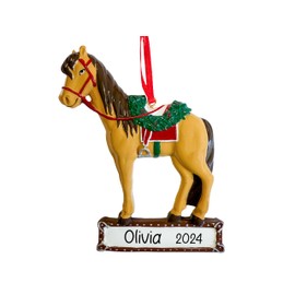 UniqXmas Personalized Horse Christmas Ornament 2024 - Free Customization | Cute Saddled Horse with Horseshoe and Flowers for Xmas Tree - Horseback Riding Equestrian Rider Gift | Custom Unique Keepsake
