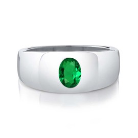 Gem Stone King Men's 925 Sterling Silver Green Nano Emerald Ring | 0.75 Cttw | Oval 8X6MM | Available in Size 7,8,9,10,11,12,13