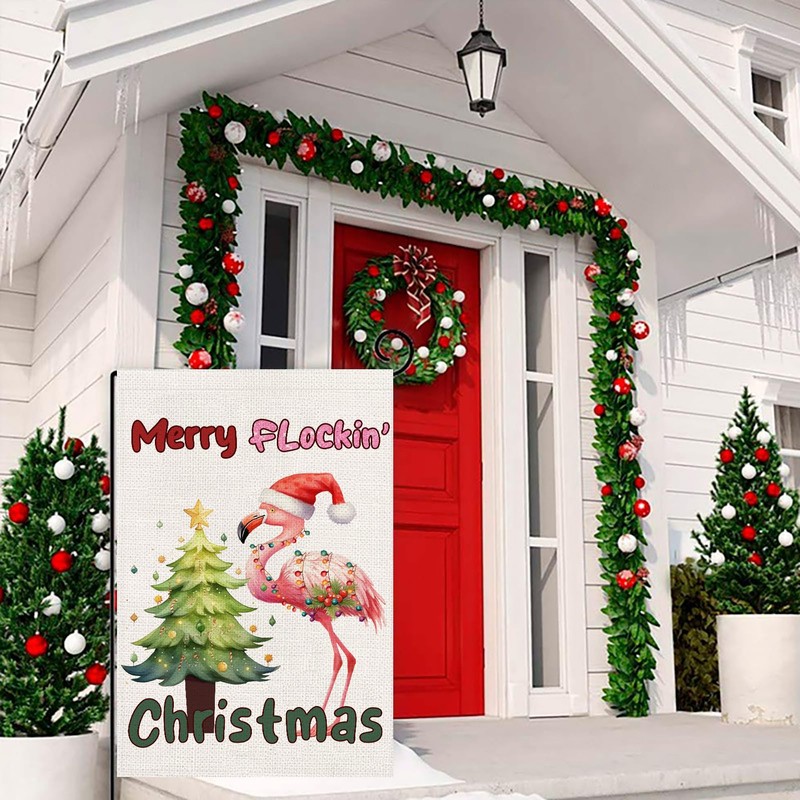RLCMO Christmas Flamingo Tree Garden Flag Winter Merry Christmas Light