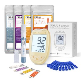 FORA 6 Connect | 4-in-1 Blutzucker-, Keton-, Cholesterin-, Harnsäure-Messgerät | Für die Selbstanwendung zu Hause | Bluetooth & App | Inkl. Teststreifen & Zubehör, Gelb