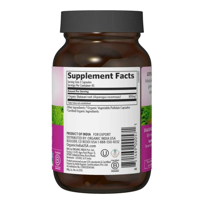 Shatavari 800mg 90 Cpsulas Organic India Hormonal Sin Sabor Vegano