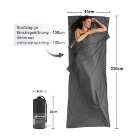 Fit-Flip Cotton Sleeping Bag – Ultralight Sleeping Bag Inner 325 g – Thin Travel Sleeping Bag – Compact, Small & Silky Soft – Sleeping Bag with Pillow Compartment – Colour: Dark Grey
