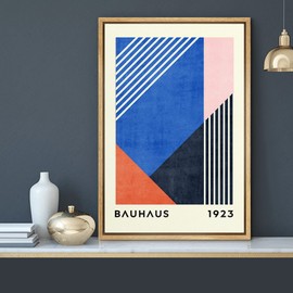 MUDECOR Framed Canvas Print Wall Art Blue Pink Orange Geometric Bauhaus Collage Abstract Shapes Illustrations Fine Art Mid-Century Modern Multicolor for Living Room, Bedroom, Office - 24"x36" Natural