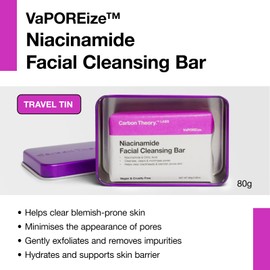 Carbon Theory Niacinamide Face Wash Bar & Travel Soap Case Tin - Pore Cleanser & Blackhead Remover - Facial Cleansing Bar with Citric Acid - Vegan Travel Face Wash for Acne Prone Skin - VaPOREize, 80g