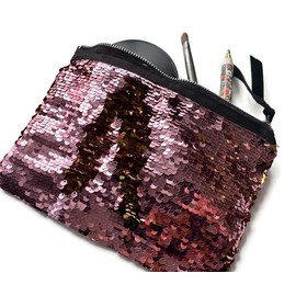 Flip Sequin Makeup Bag – Reversible Mermaid Sequin Pouch – Two-Tone Sparkly Clutch – Cosmetic Brush Holder & Travel Purse (Pale Pink & Gold)