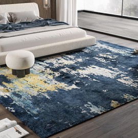 INGEROOM Washable Area Rug 6x9 - Deep Blue Abstract Area Rug for Living Room and Bedroom - Soft, Stain-Resistant, Non-Slip, Cashmere-Like with Low Pile - Machine Washable and Foldable Area Rugs.