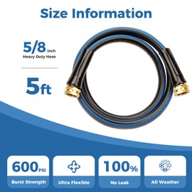 SheeChung Short Garden Hose 5ft x 5/8",Water Hose for Hose Reel Faucet,Leader Hose with Female to Female Fittings,No Kink,Flexible,Rubber Leakproof Outdoor Hose,3/4"GHT,Burst 600 PSI