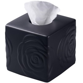 Black Ceramic Rose Tissue Box Cover, Carved Flowers Large Square Tissue Box Holder Decorative for Bathroom, Vanity, Kitchen Countertop, Bedroom Night Stands, Office Desk Top