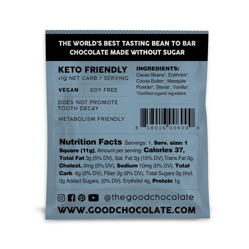 The Good Chocolate - Keto Dark Chocolate Squares, Zero Sugar,