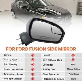 MOFOAP Right Passenger Side Mirror Compatible with Ford Fusion 2016 2017 2018 2019 2020 2021 2022 Mirrors with Power Manual Folding Black 3Pins