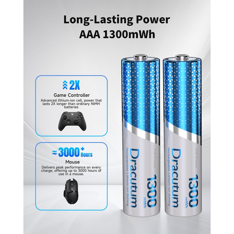 Dracutum Rechargeable AAA Batteries 8 Pack, 1300mWh High Capacity 1.5V