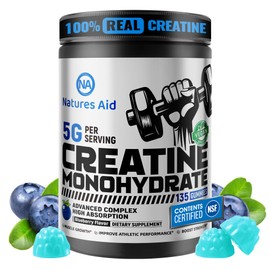 Natures Aid Creatine Monohydrate Gummies (5g) – Pre-Workout Energy & Muscle Growth Support for Men & Women | Blueberry Electrolyte Gummies (135 Count)