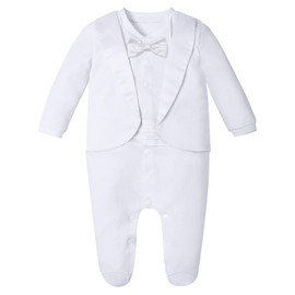 A&J DESIGN Baby Boy Baptism Outfit Infant Christening Footie Tuxedo with Bow Tie, White, 0-3 Months