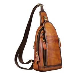 Men's Sling Bag Backpack Casual Daypack for Men Leather Chest Bag Vintage Shoulder Bag (Brown)