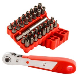 34pcs Security Bit Set 1/4 Inch Hex Shank Screwdriver Bit Set,Tamper Proof Bits-Torx+Hex+Tri Wing+Star+Spanner for Torx Security Screwdriver Set,High Hardness Impact Driver Bit Set(Red+RedRatchet)
