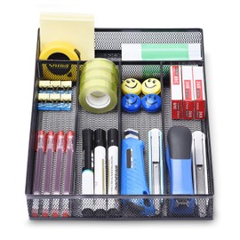 WuGeShop Organizador de cajones de computadora de oficina, 5 compartimentos, bandeja organizadora de cajones de malla para almacenamiento de suministros de arte, papelería, color negro