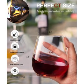 OJA Stemless Wine Glasses Set of 6-15oz, Hand Blown Crystal Red White Wine Glasses - Ideal for Christmas and Special Days, Wine Tasting Gifts for Both Men and Women