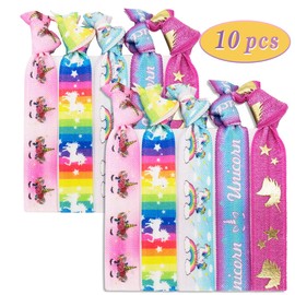 10pcs Elastic Hair Ties for Girls Women Cute Ribbon Ponytail Holders No Damage Knotted Hair Bands-Unicorn Hair Tie