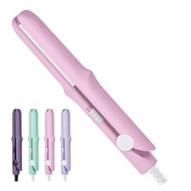 Mini Dual Purpose Curling Iron, Upgrade 2-in-1 Mini Curling Wand & Flat Iron Hair Straightener, Portable Travel Curling Wand Hair Straightener for Women (Pink)