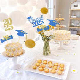 Hengmerry 24 Pieces Graduation Party Centerpieces 2025 Gold and Blue Glitter Graduation Centerpiece Sticks Class of 2025 Table Toppers