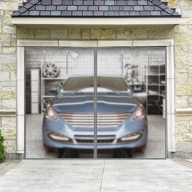 Magnetic Garage Screen Door for 1 Car Garage Doors 9x7FT- Reinforced Self Sealing Mesh Door with 4 Strapping Tapes, Hands Free Garage Door Screen with Closure Weighted Bottom,Silvery