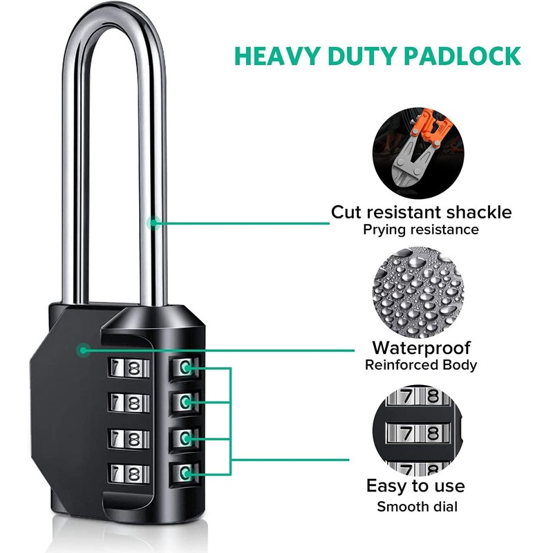 AIHYTU 3.2 Inch Long Shackle Combination Padlock Lock Silver