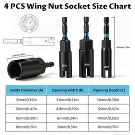 AutoViteX 4PCS Wing Nut Driver Set, 1/4" Hex Shank Power Wing Nut Driver Bit, CR-V Steel, 9mm 12mm 15mm 18mm for Wing Nut, Eye Bolt, Screw Hook, Wire Twisting