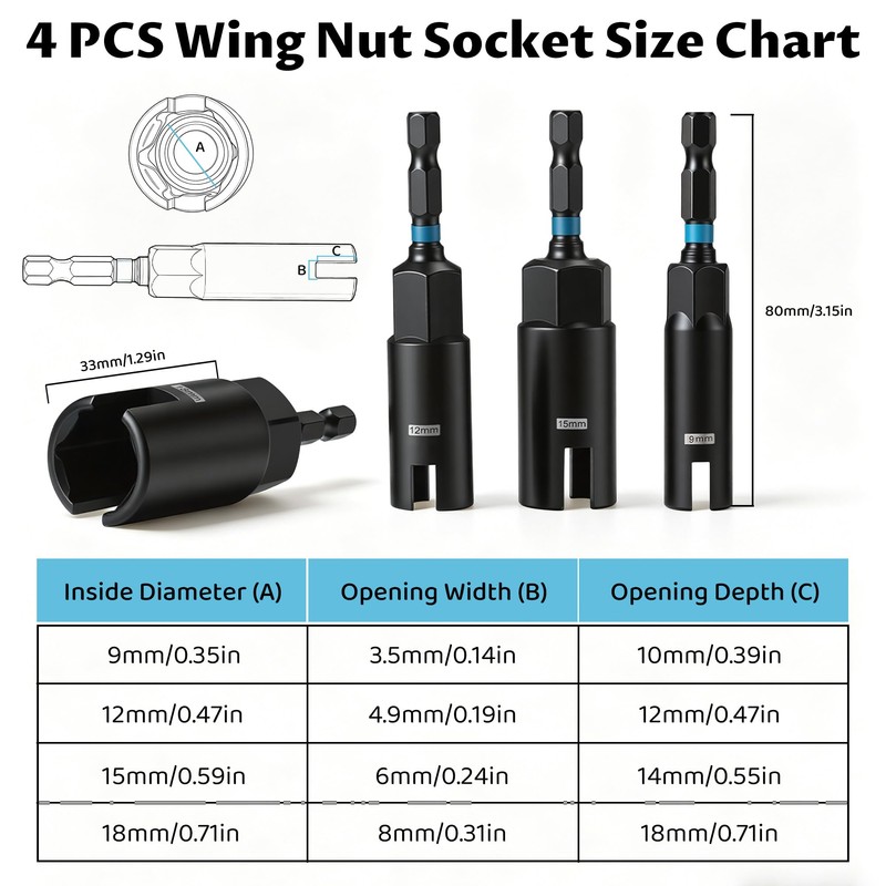 AutoViteX 4PCS Wing Nut Driver Set, 1/4" Hex Shank Power