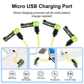 HITRENDS AAA Batteries - Rechargeable Triple A Lithium Batteries - Micro USB Charging Port, 1.5V/ 400mAh, Pre-Charged, 1000 Cycle - Not Alkaline/Ni-MH Batteries - 4 Pack Green