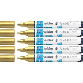 Schneider 120253 Paint-It Acrylstifte (mit 4 mm Rundspitze, hochdeckende Acrylfarben für Holz, Leinwand, Stein uvm.) 5er Pack, gold