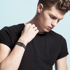 Cupimatch Leather Bracelet for Men：Adjustable Stainless Steel Magnetic Buckle 4 Layer Woven Leather Bracelet for Men Black for Fathers Day