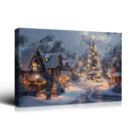 Christmas Gift Winter Wall Decor Snowy Village, Tree & Glowing Lights, Great for Festive Cheer & Home Christmas DecorColor: multi color, Size: 36*24 inch