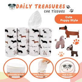 Daily Treasures 4 Pack Car Tissue Box with Facial Tissues,Cute Round Tissue Boxes for Car,Puppy Car Tissue Holder,Tissue for Car Cup Holder,Refill Cylinder Tissues for Car Holder Travel Bathroom(Dog)