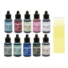 Ranger Tim Holtz Alcohol Ink Bundle - 10 Bottles of Tim Holtz 2024 Alcohol Ink Colors - with 10 Trebbies Fine Detail Sticks