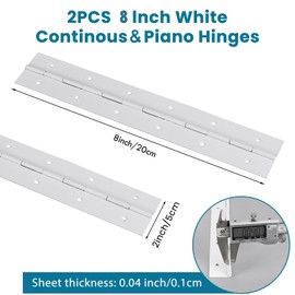 [2-Pack] 8-Inch White 304 Stainless Steel Piano Hinges,Heavy Duty 0.05-Inch Thick Continuous Hinges,2-Inch Open Width,Ideal for Modern Cabinet Doors, Display Cases & Furniture Hardware