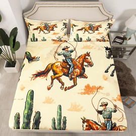 Manfei Western Cowboy Kids Sheet Twin Size,Tropical Cactus Desert Bedding Set,Boys Girls Room Decor,Horse Animal Rustic Farmhouse Brown Green Retro Bed Sheet Set 3pcs(Fitted + Flat + 1 Pillowcase)