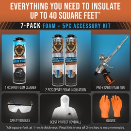 BEEST Closed Cell Spray Foam Insulation Kit for Wall & Attic, 40 Board ft/sq.ft Heat & Sound Insulation w/ 8.14 R-Value - Super Adhesive to All Surfaces - Spray Foam Can, Cleaner, Gun & Safety Gear