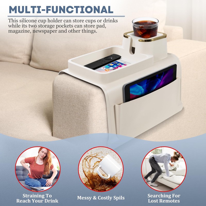 Couch Cup Holder with Tray & Dual-Sided Storage Pocket, Large