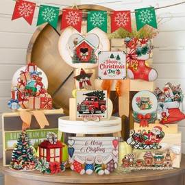 MAPVOLUT 23 PCS Christmas Wooden Tiered Tray Stand Decor Set, Traditional Christmas Tree Santa Claus Centerpieces Kitchen Bedroom Decorations for Coffee Tables Office Home Décor Accents Indoor