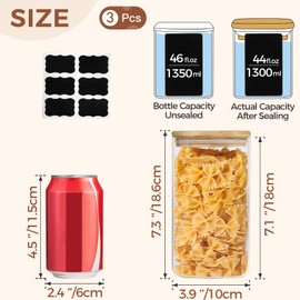 ComSaf 44oz Glass Storage Containers with Lids, Glass Jars with Lids, Clear Food Storage Jar, Square Glass Canister Set of 3, Pantry Organizers and Storage for Flour Oat Pasta Tea Cookie Coffee Bean