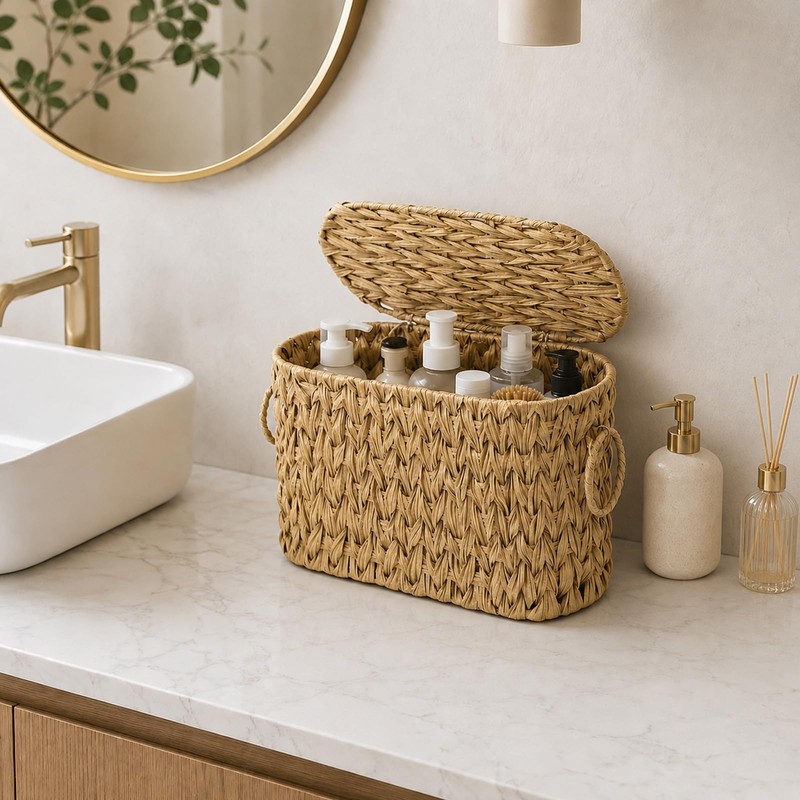 Toilet Paper Storage Basket with Lid, Narrow Bathroom Organizer for